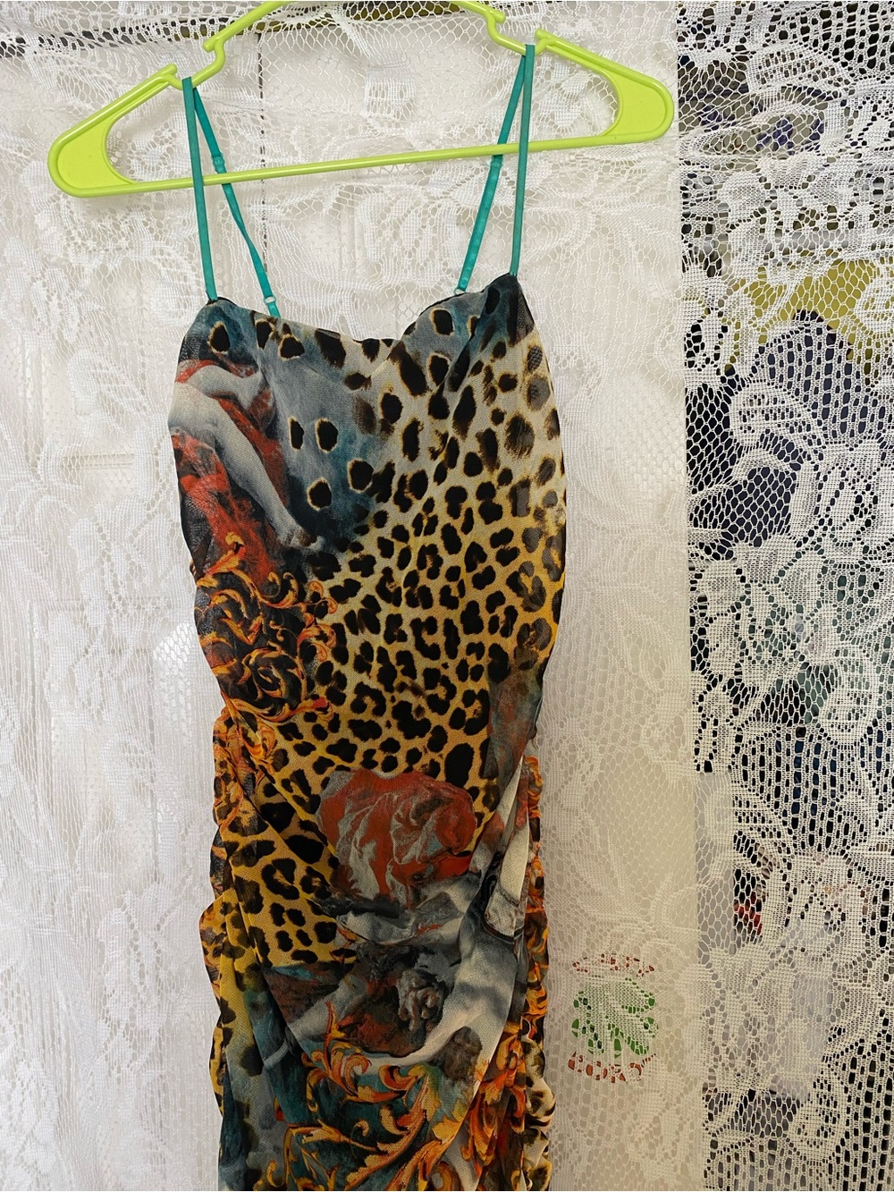 Leopard & Baroque Print Slip Dress in Yellow and Teal